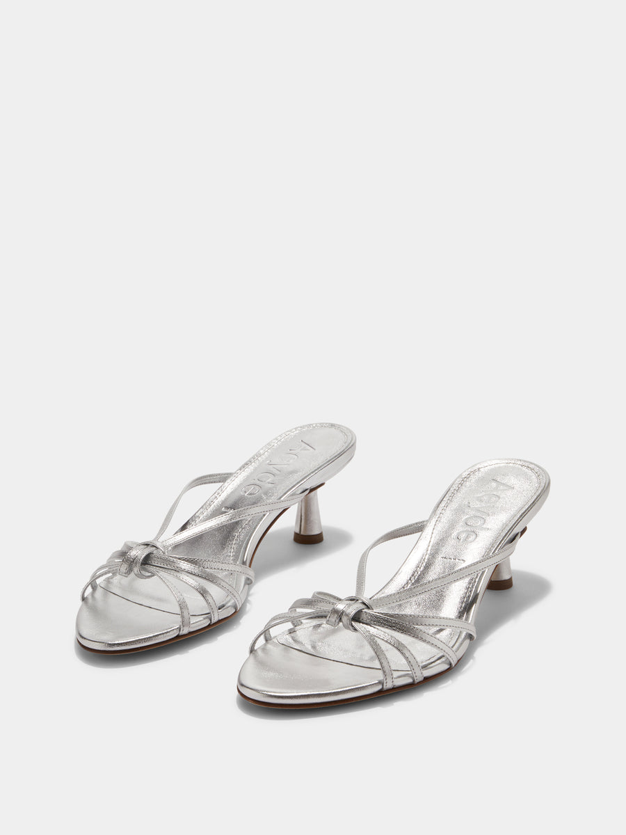Aeyde | Abby Leather Heeled Sandals for Women | Silver Nappa | Round Toe | Mid Heel | On Feet [x=50,y=85]