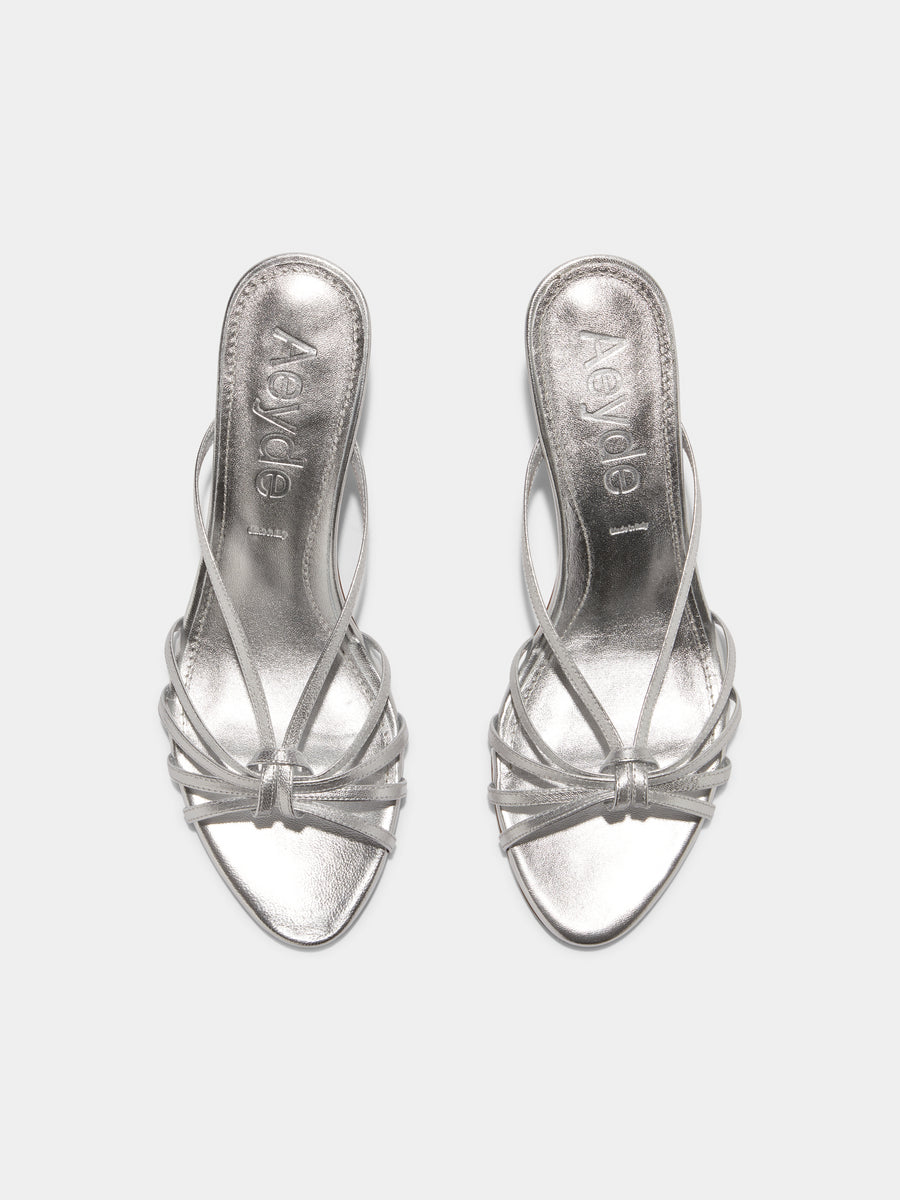 Aeyde | Abby Leather Heeled Sandals for Women | Silver Nappa | Round Toe | Mid Heel | Front View [x=50,y=85]