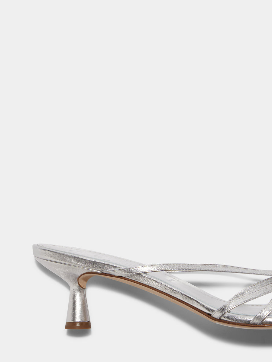 Aeyde | Abby Leather Heeled Sandals for Women | Silver Nappa | Round Toe | Mid Heel | Heel Details [x=50,y=85]