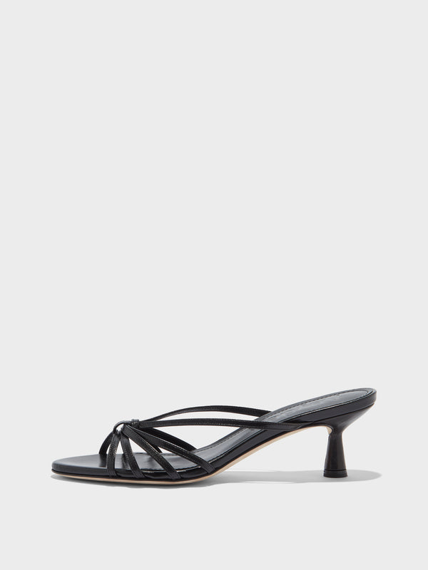 Aeyde | Abby Leather Heeled Sandals for Women | Black Nappa | Round Toe | Mid Heel | Side View [x=50,y=85]
