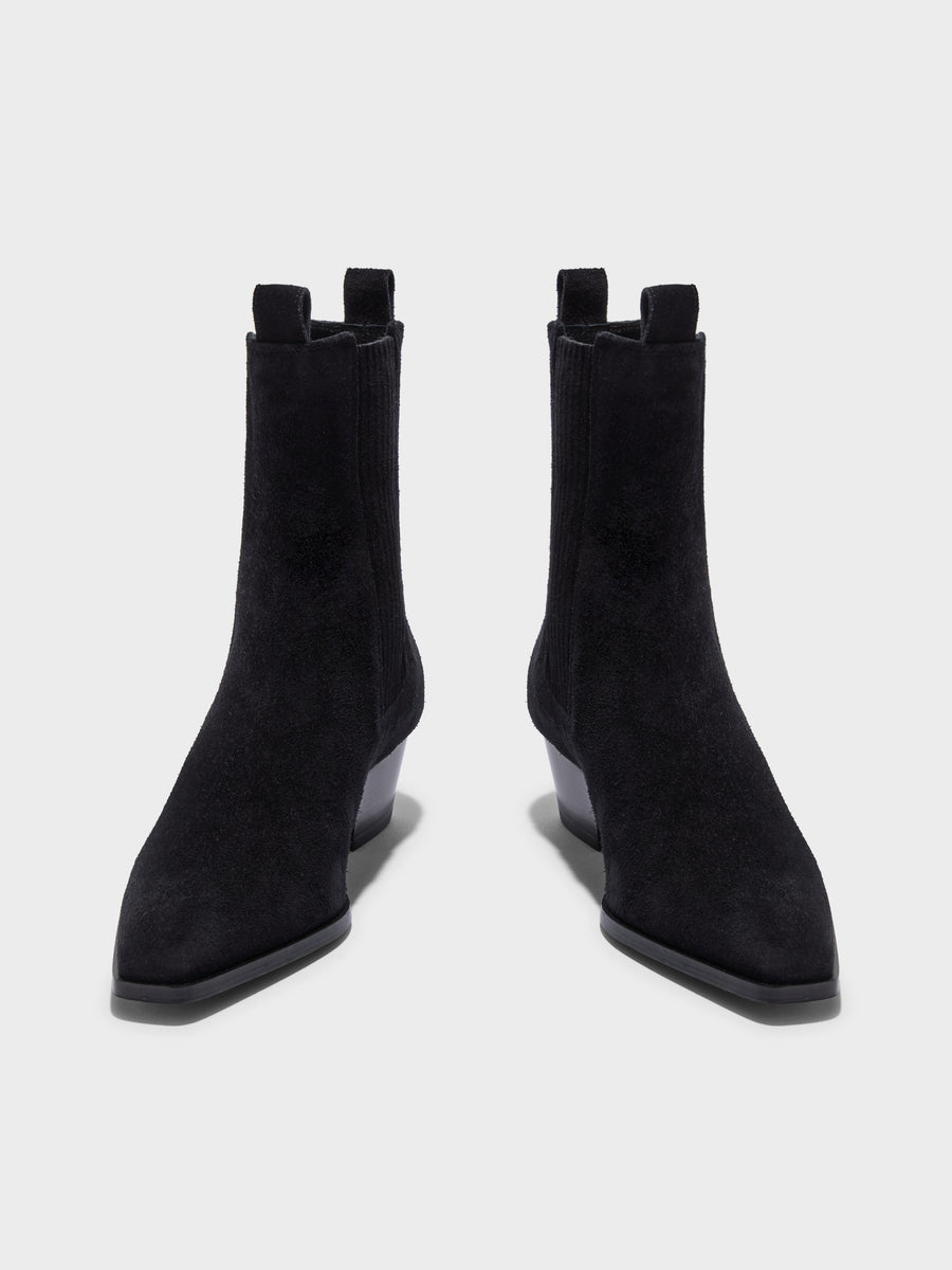 Aeyde | Agata Leather Ankle Boots for Women | Black Suede | Pointed Toe | Low Heel | Front View