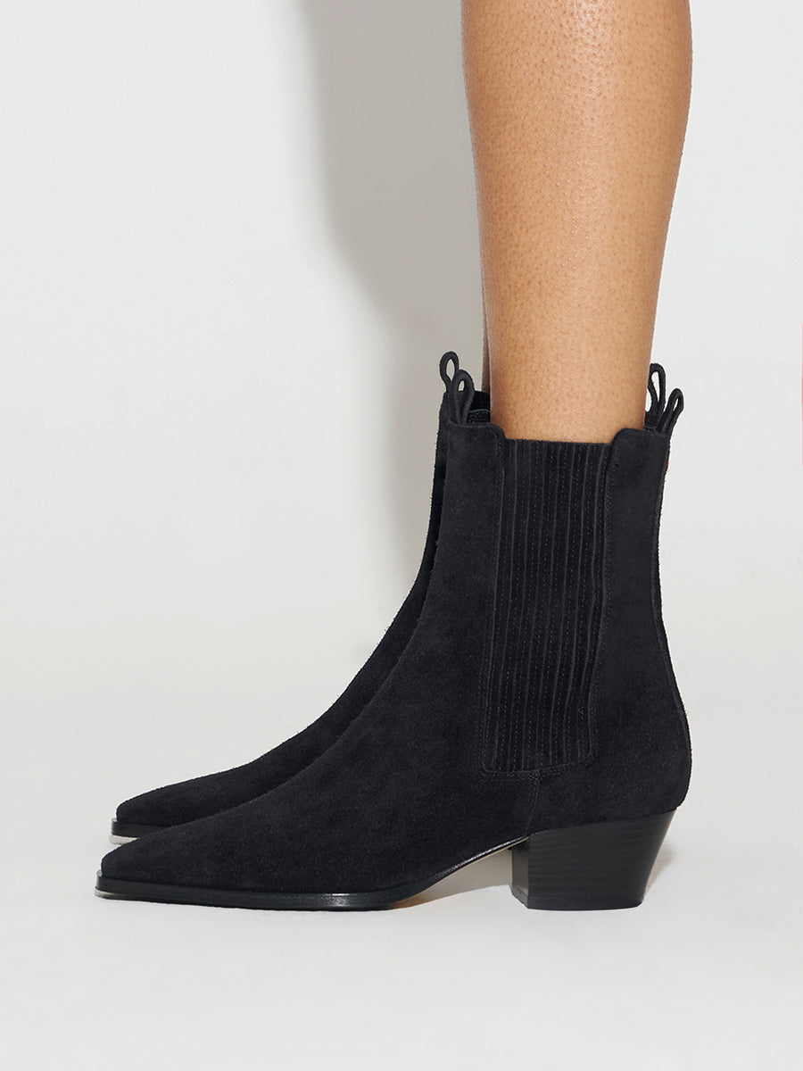 Aeyde | Agata Leather Ankle Boots for Women | Black Suede | Pointed Toe | Low Heel | How to Style