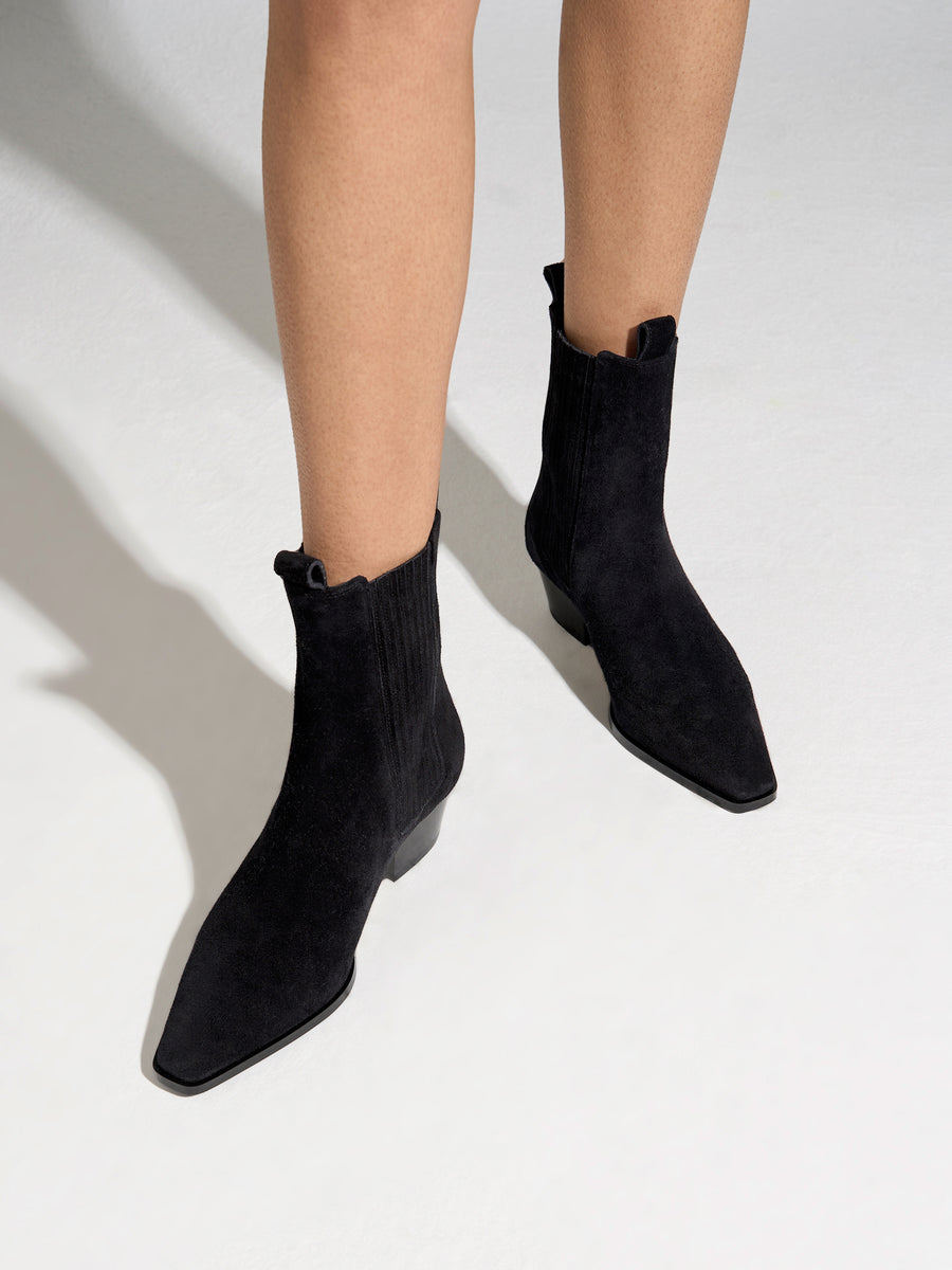 Aeyde | Agata Leather Ankle Boots for Women | Black Suede | Pointed Toe | Low Heel | On Feet
