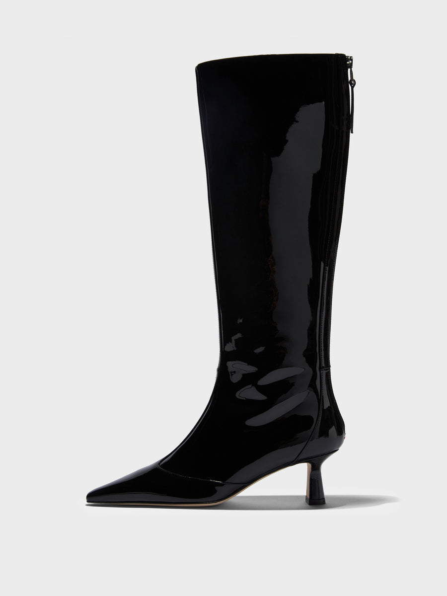 Aeyde | Alexis Patent Knee-High Boots Leather Knee High Boots for Women | Black Patent | Pointed Toe | Low Heel | Side View