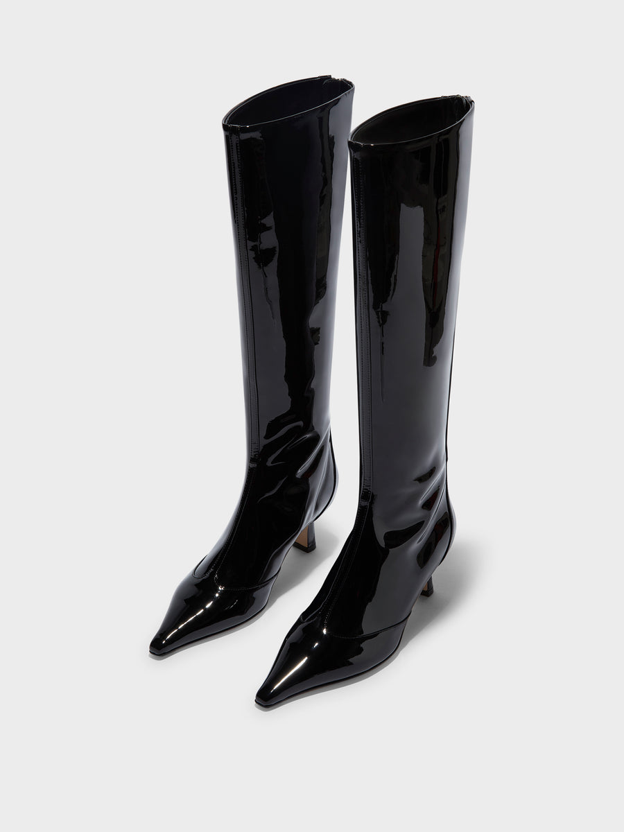 Aeyde | Alexis Patent Knee-High Boots Leather Knee High Boots for Women | Black Patent | Pointed Toe | Low Heel | Luxury Materials | Handmade in Italy