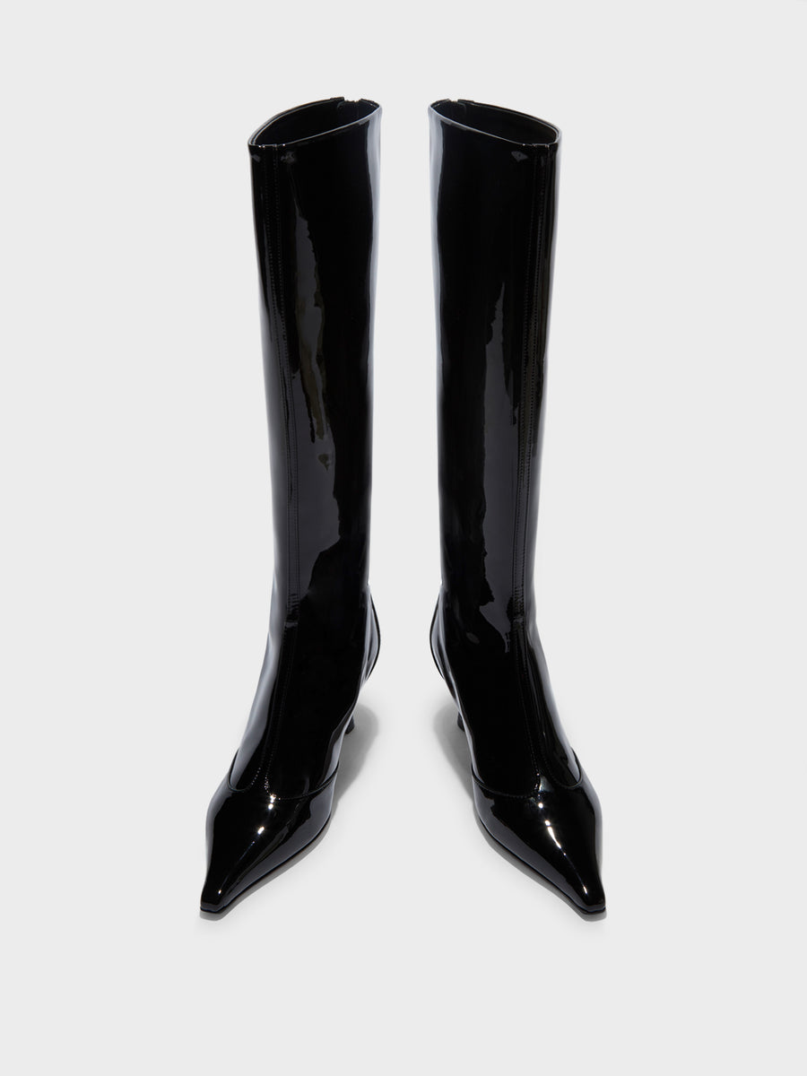 Aeyde | Alexis Patent Knee-High Boots Leather Knee High Boots for Women | Black Patent | Pointed Toe | Low Heel | Front View
