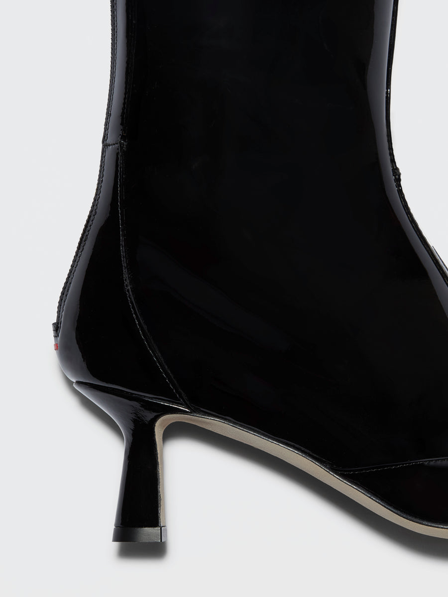 Aeyde | Alexis Patent Knee-High Boots Leather Knee High Boots for Women | Black Patent | Pointed Toe | Low Heel | Heel Details