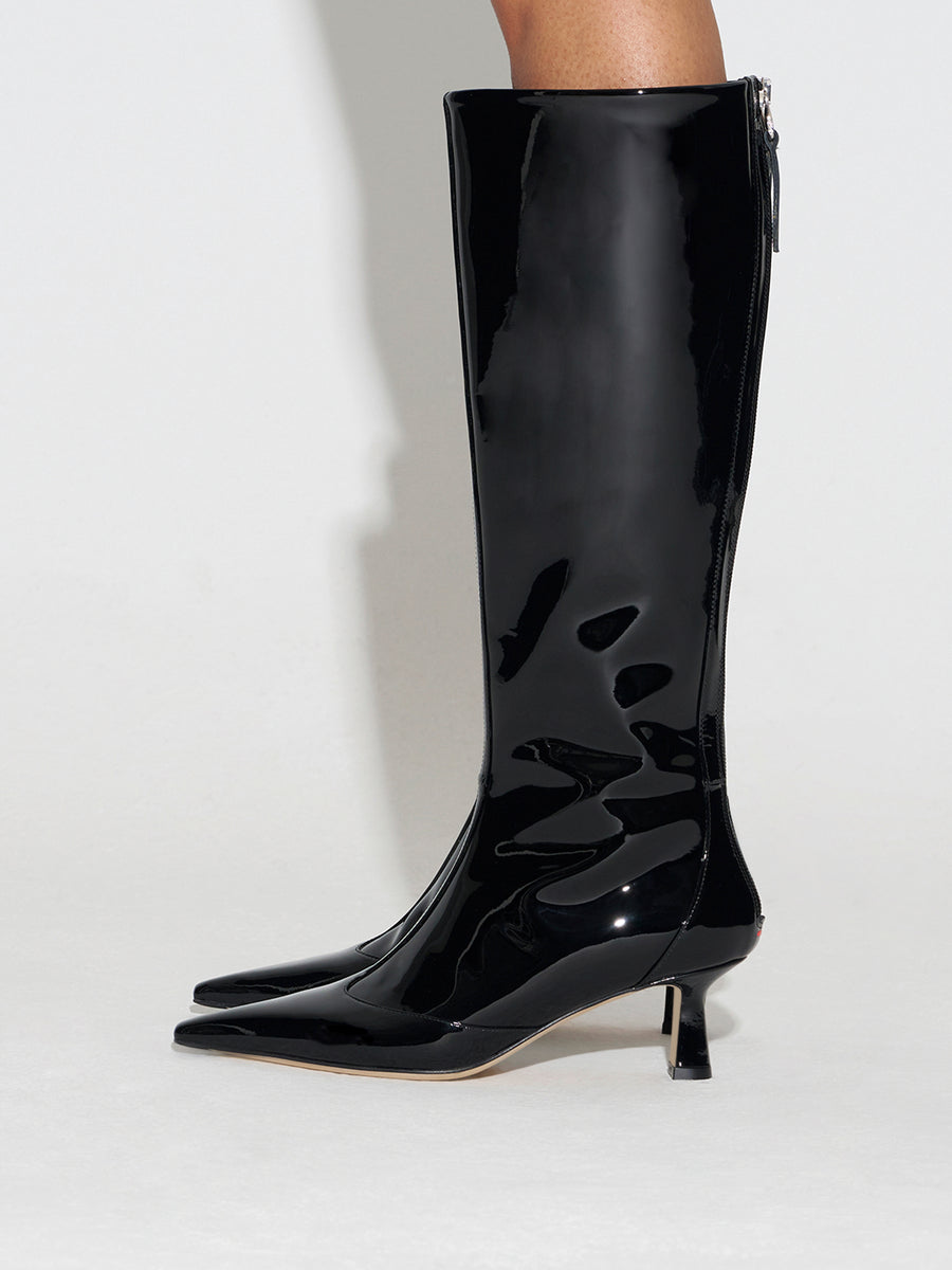 Aeyde | Alexis Patent Knee-High Boots Leather Knee High Boots for Women | Black Patent | Pointed Toe | Low Heel | How to Style
