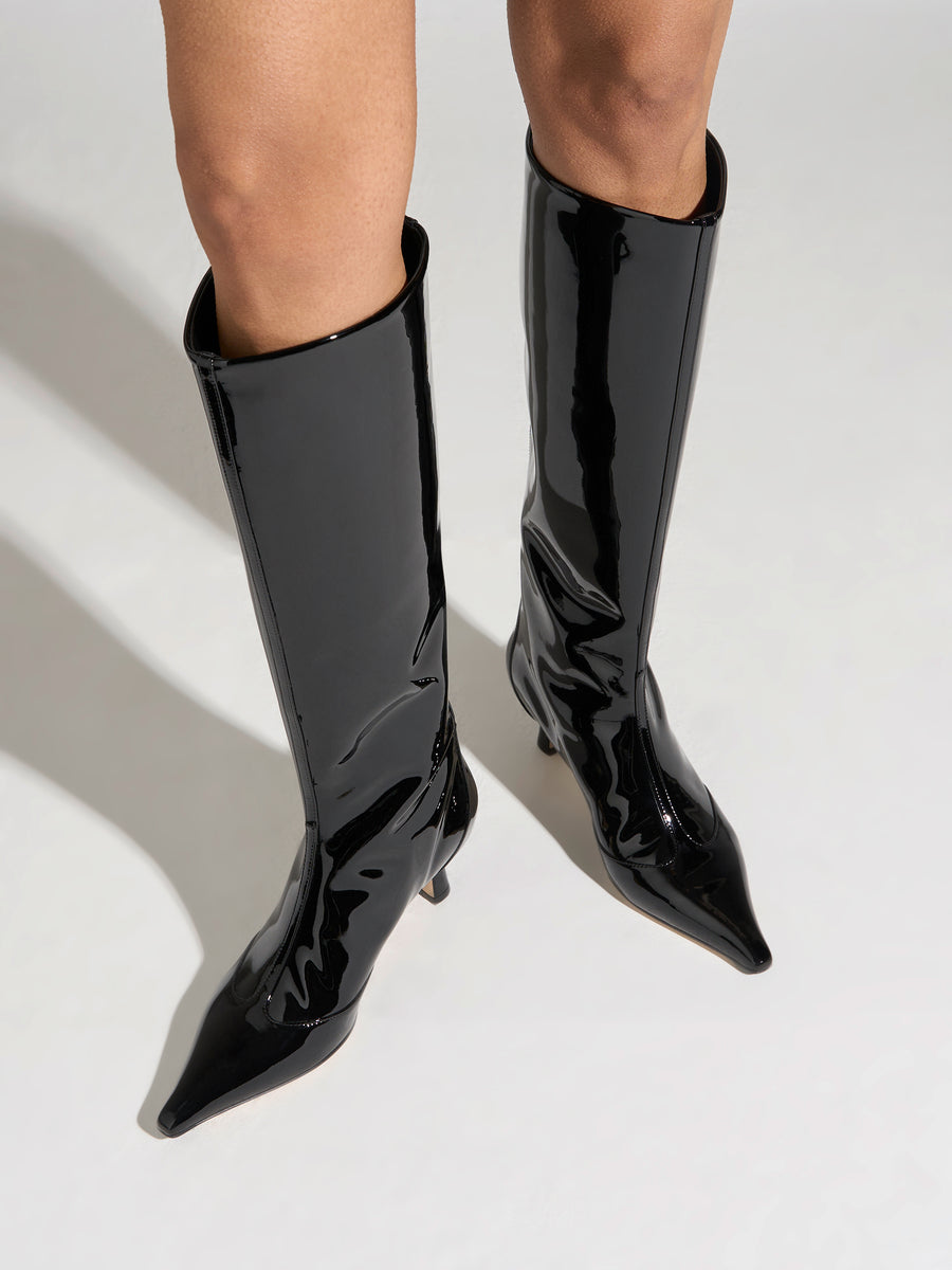Aeyde | Alexis Patent Knee-High Boots Leather Knee High Boots for Women | Black Patent | Pointed Toe | Low Heel | On Feet
