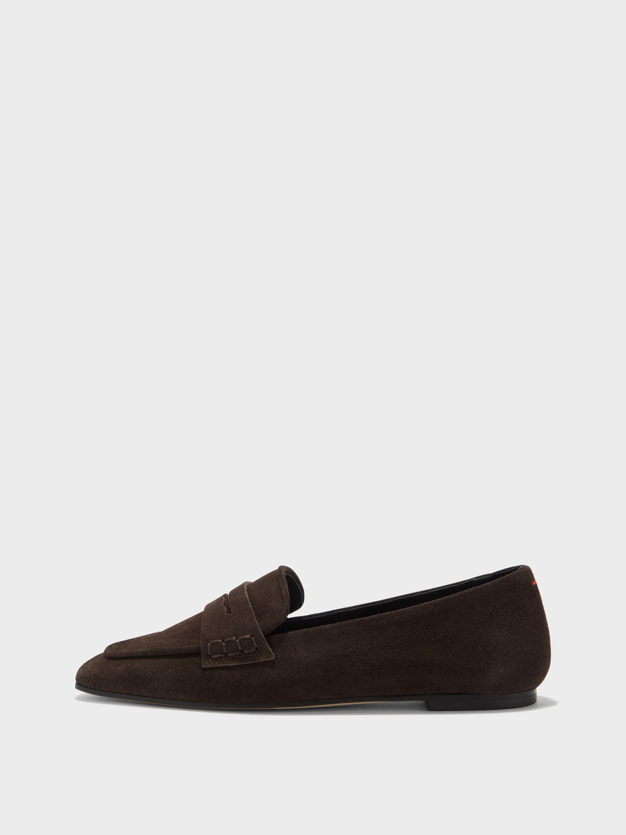 Aeyde | Alfie Leather Flats for Women | Moka Suede | Square Toe | Flat Heel | Side View [x=50,y=85]