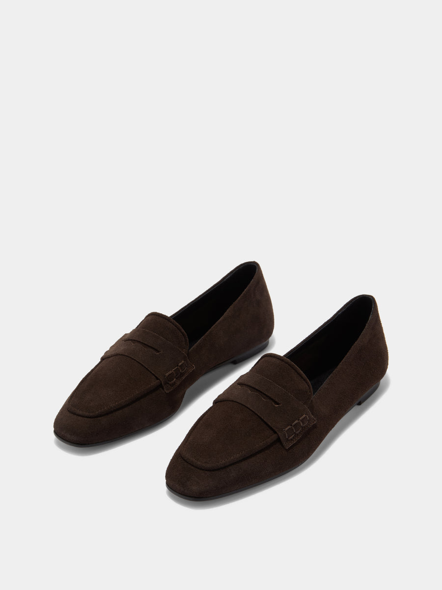 Aeyde | Alfie Leather Flats for Women | Moka Suede | Square Toe | Flat Heel | On Feet [x=50,y=85]