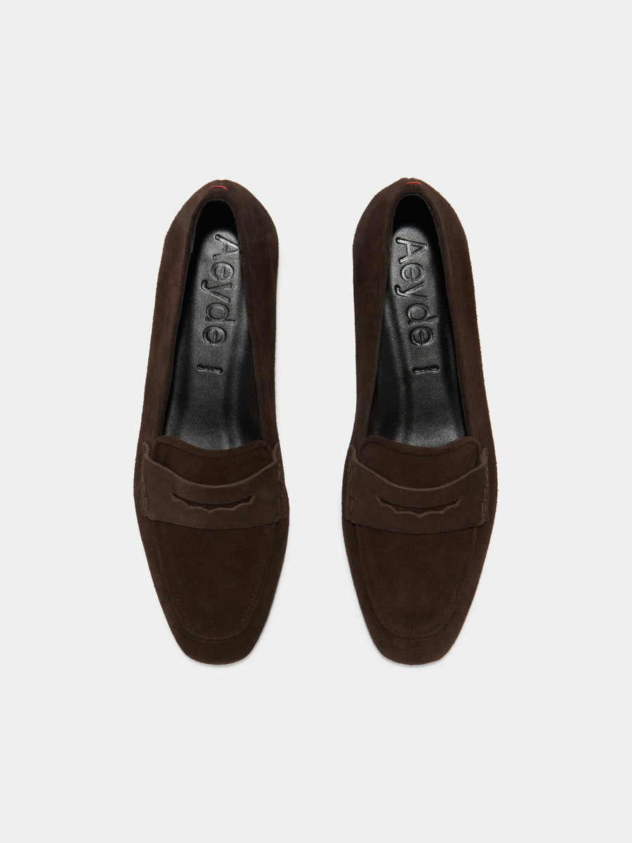 Aeyde | Alfie Leather Flats for Women | Moka Suede | Square Toe | Flat Heel | Front View [x=50,y=85]