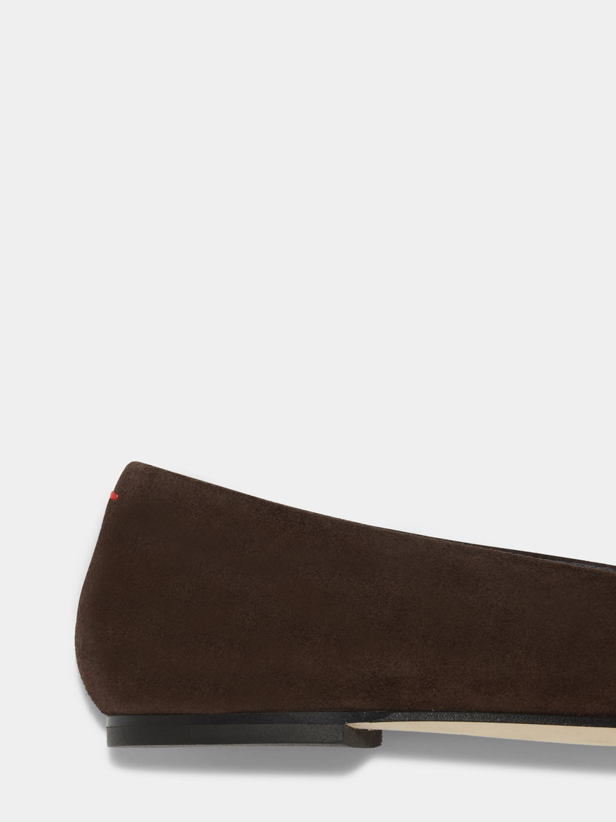 Aeyde | Alfie Leather Flats for Women | Moka Suede | Square Toe | Flat Heel | Heel Details [x=50,y=85]