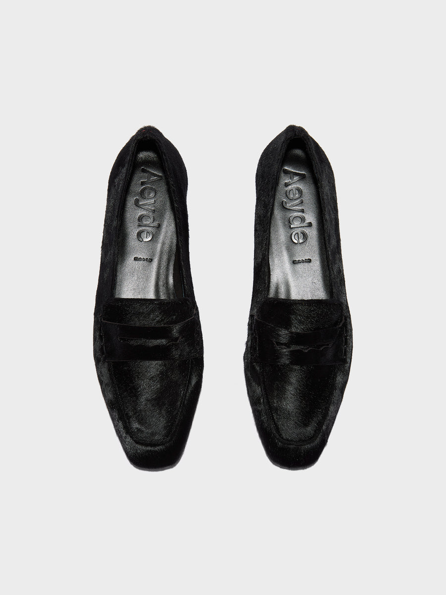 Aeyde | Alfie Leather Flats for Women | Black Ponyhair | Square Toe | Flat Heel | Front View