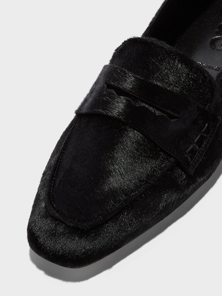 Aeyde | Alfie Leather Flats for Women | Black Ponyhair | Square Toe | Flat Heel | Heel Details