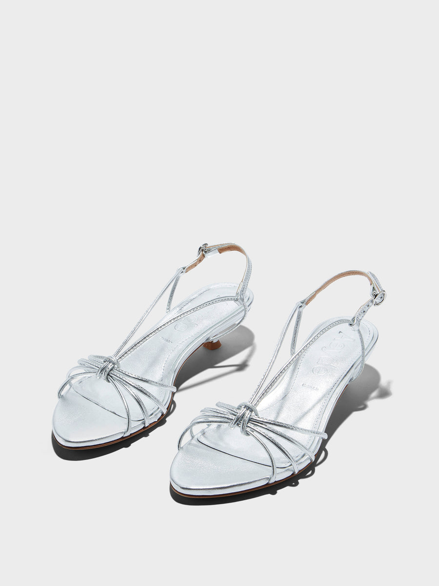 Aeyde | Amara Leather Heeled Sandals for Women | Silver Laminated Nappa | Round Toe | Mid Heel | Luxury Materials | Handmade in Italy