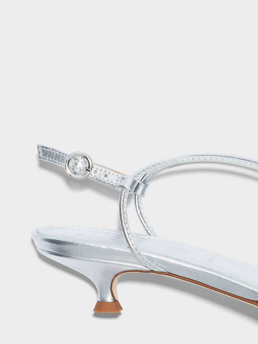 Aeyde | Amara Leather Heeled Sandals for Women | Silver Laminated Nappa | Round Toe | Mid Heel | Heel Details
