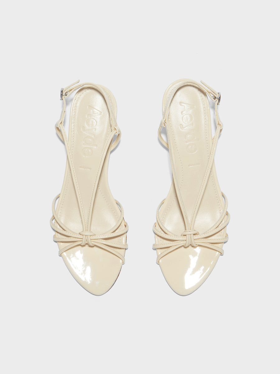 Aeyde | Amara Leather Heeled Sandals for Women | Creamy Patent | Round Toe | Mid Heel | Front View