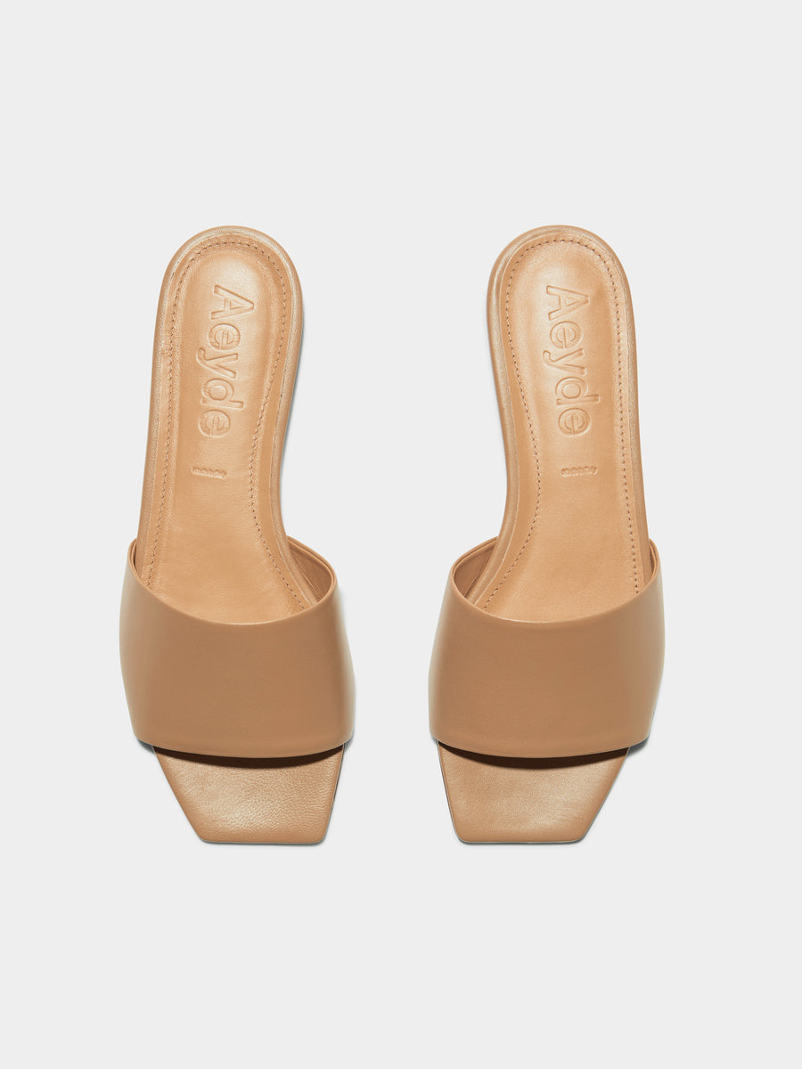 Aeyde | Anna Leather Flat Sandals for Women | Hazelnut Nappa | Square Toe | Flat Heel | Front View [x=50,y=85]