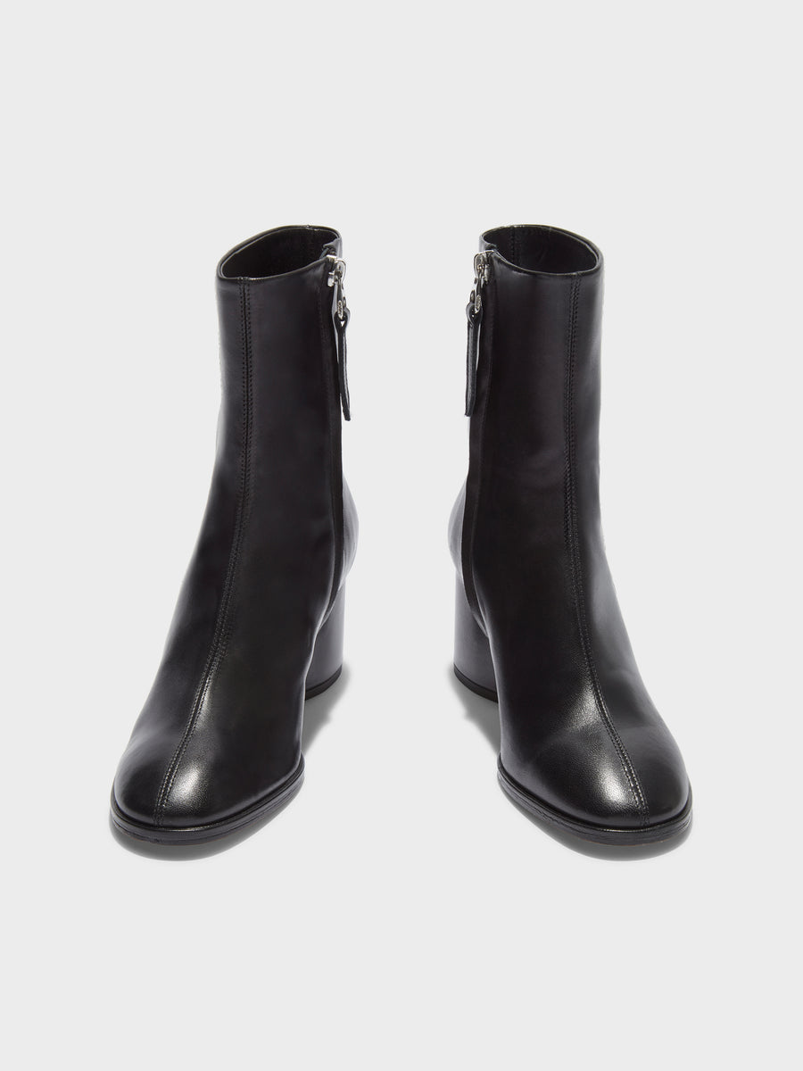 Aeyde | Ayla Leather Ankle Boots for Women | Black Nappa | Round Toe | Mid Heel | Front View