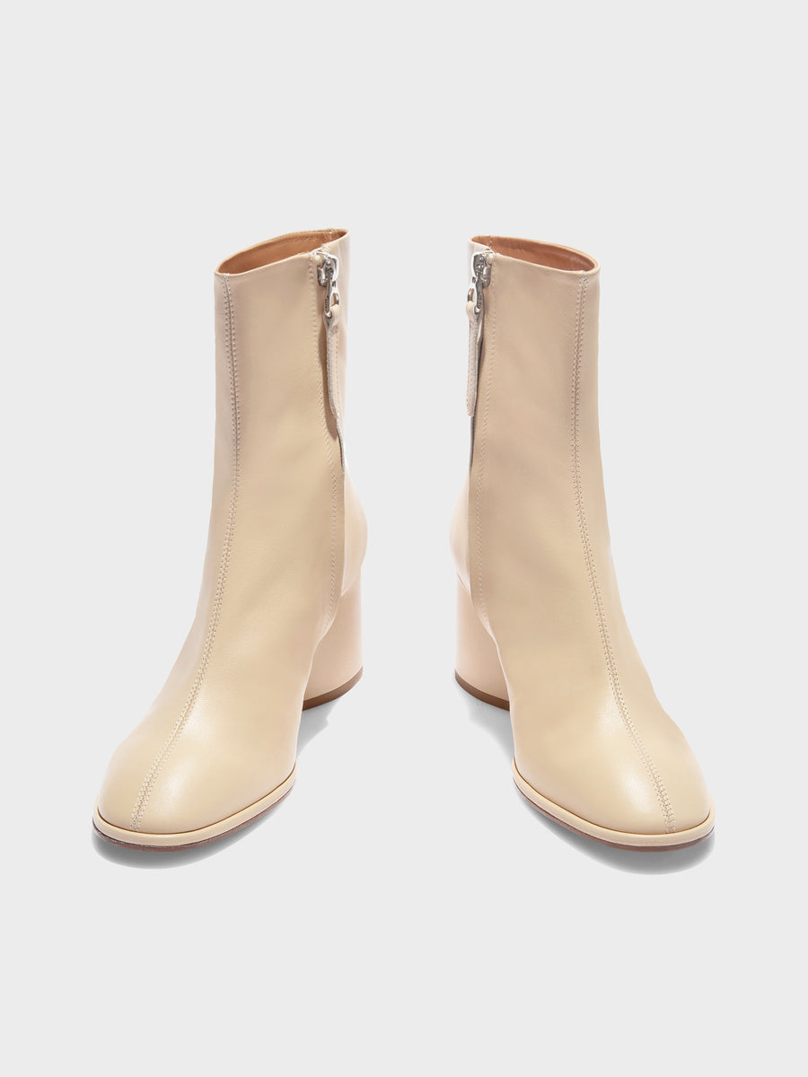 Aeyde | Ayla Leather Ankle Boots for Women | Latte Nappa | Round Toe | Mid Heel | Front View