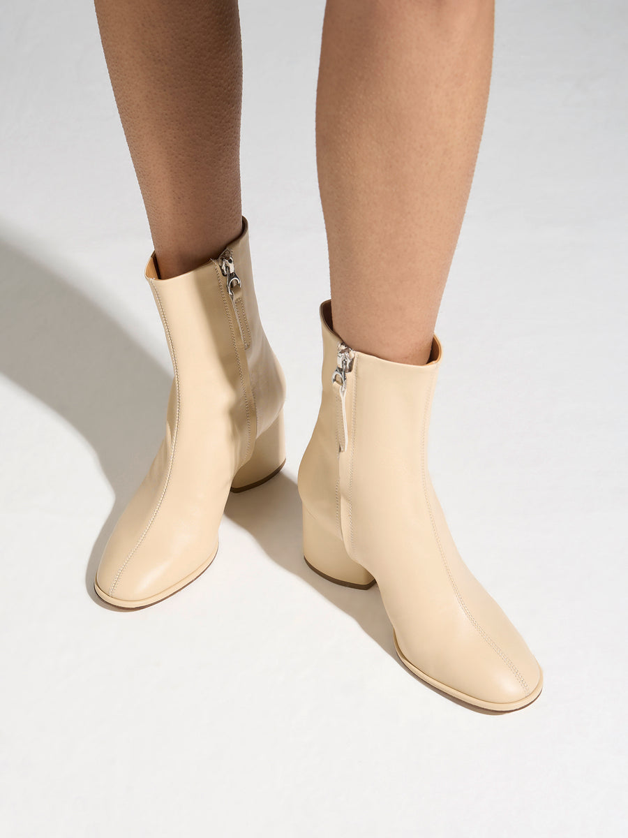 Aeyde | Ayla Leather Ankle Boots for Women | Latte Nappa | Round Toe | Mid Heel | On Feet