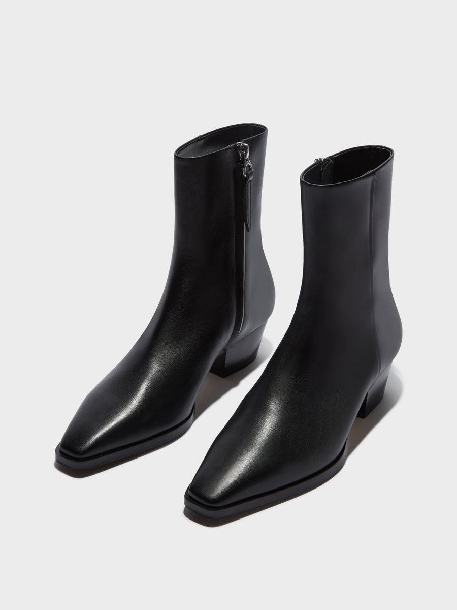 Aeyde | Baba Leather Ankle Boots for Women | Black Calf | Pointed Toe | Low Heel | Luxury Materials | Handmade in Italy