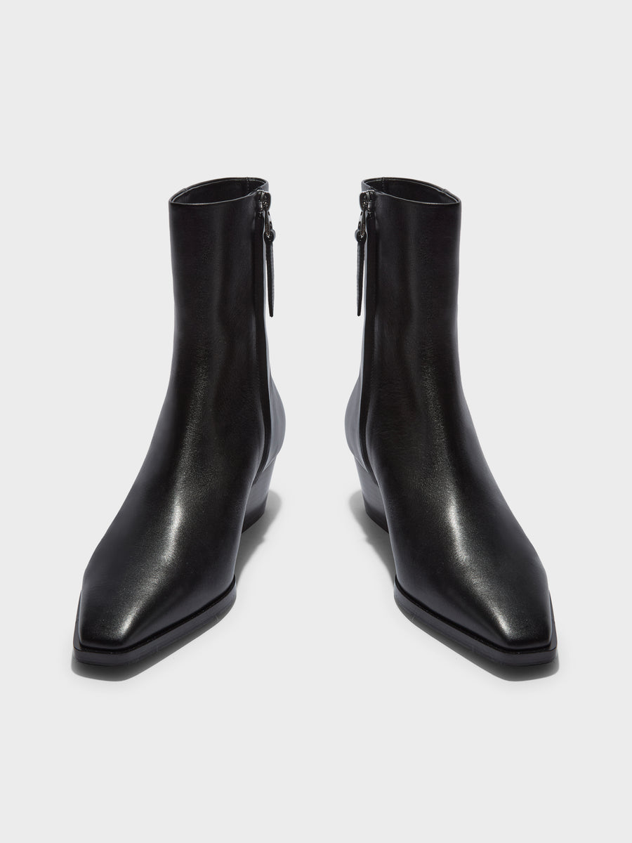 Aeyde | Baba Leather Ankle Boots for Women | Black Calf | Pointed Toe | Low Heel | Front View