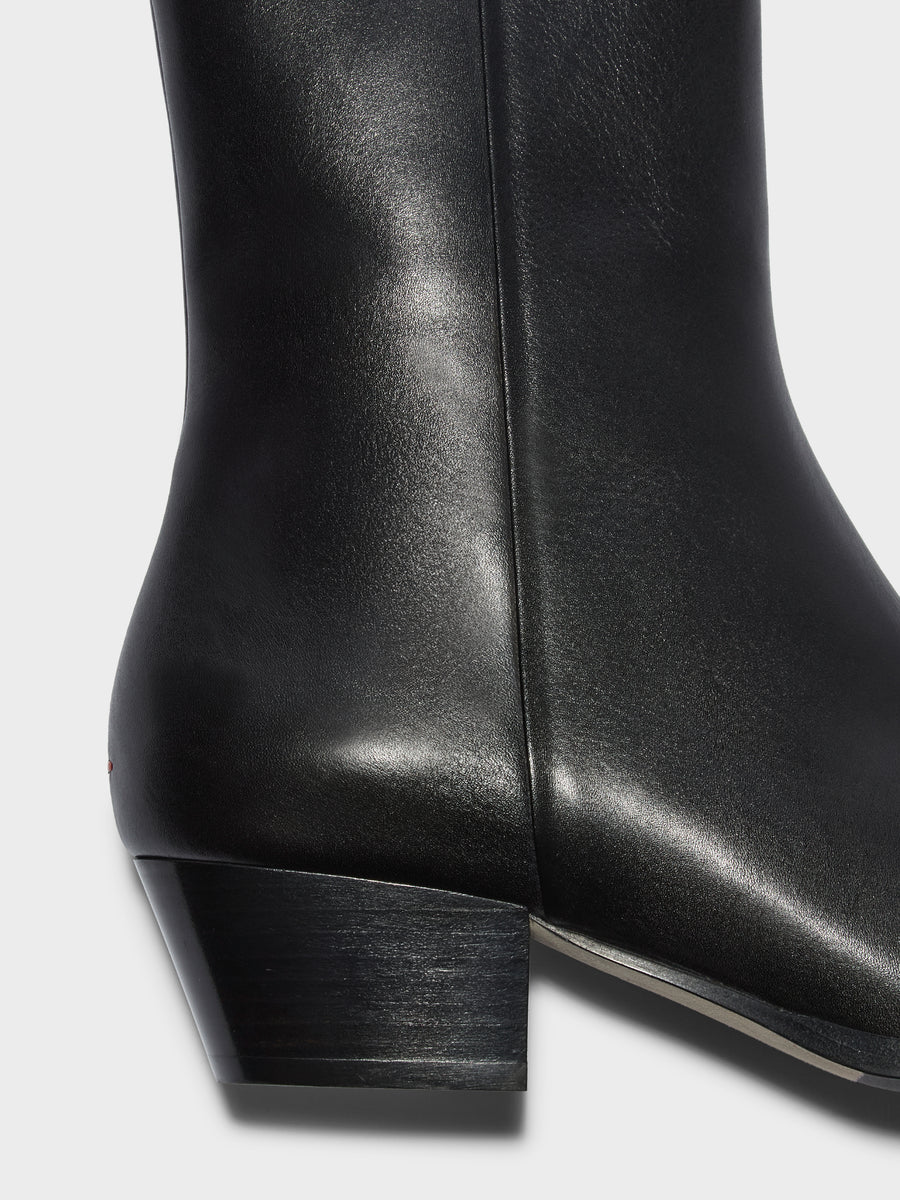 Aeyde | Baba Leather Ankle Boots for Women | Black Calf | Pointed Toe | Low Heel | Heel Details