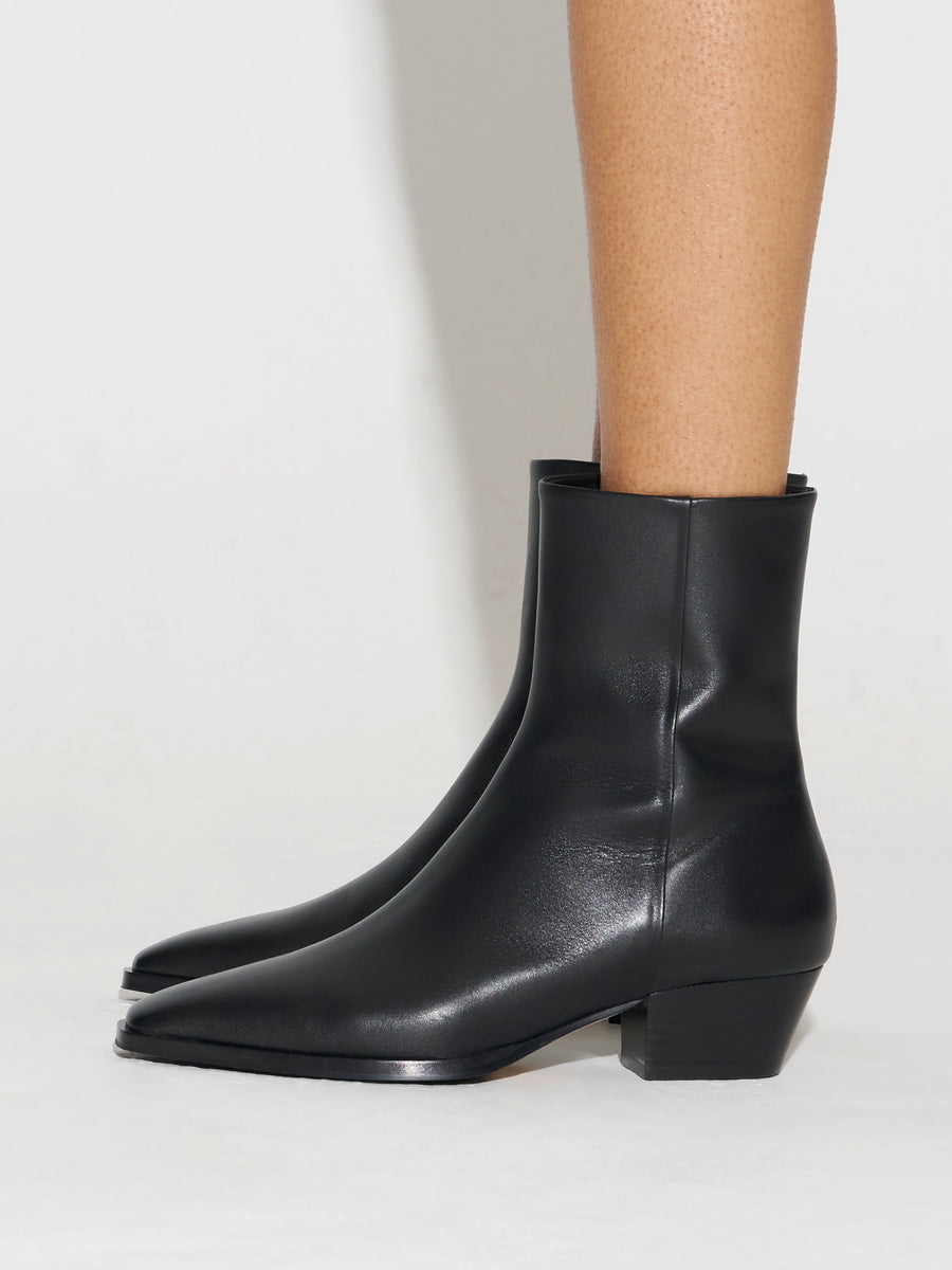 Aeyde | Baba Leather Ankle Boots for Women | Black Calf | Pointed Toe | Low Heel | How to Style