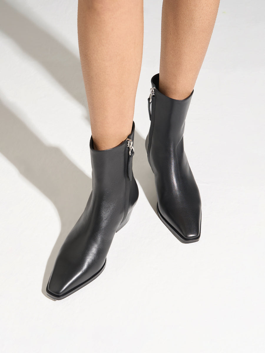 Aeyde | Baba Leather Ankle Boots for Women | Black Calf | Pointed Toe | Low Heel | On Feet
