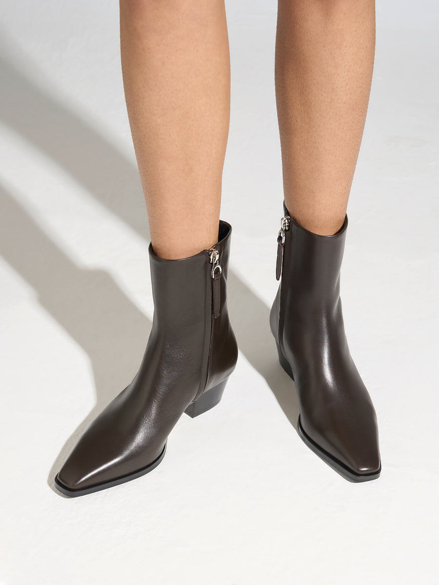 Aeyde | Baba Leather Ankle Boots for Women | Moka Calf | Pointed Toe | Low Heel | On Feet