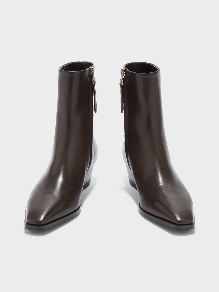 Aeyde | Baba Leather Ankle Boots for Women | Moka Calf | Pointed Toe | Low Heel | Front View