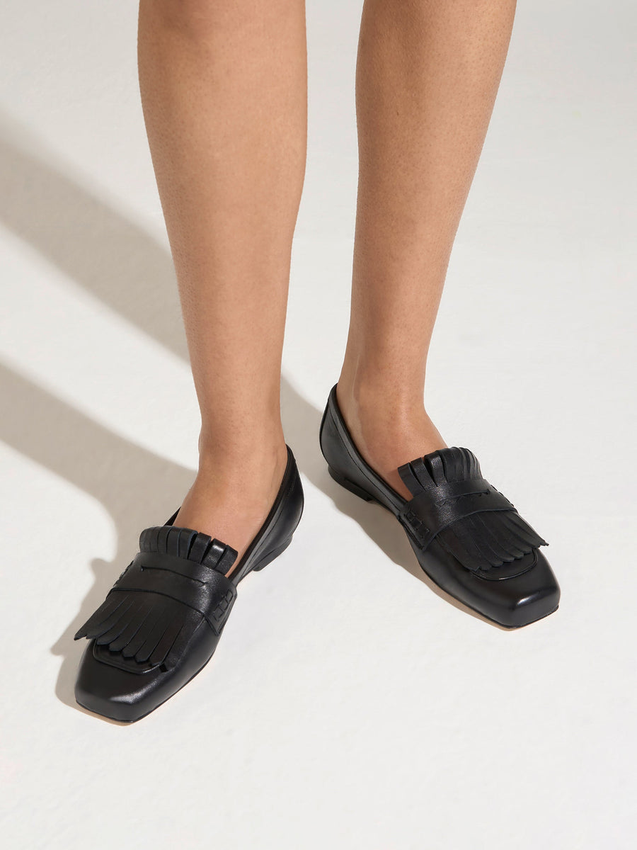 Aeyde | Belen Leather Flats for Women | Black Nappa | Square Toe | Flat Heel | On Feet