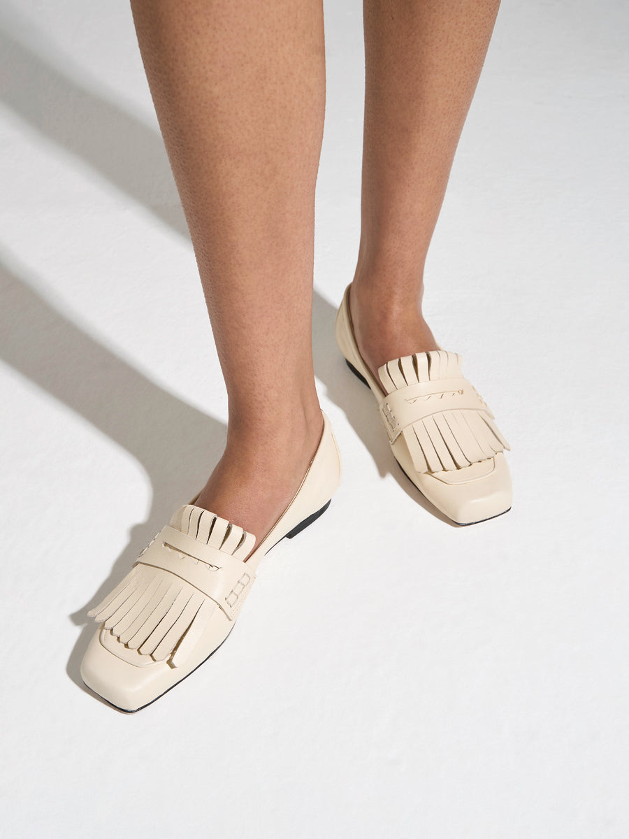 Aeyde | Belen Leather Flats for Women | Creamy Nappa | Square Toe | Flat Heel | On Feet