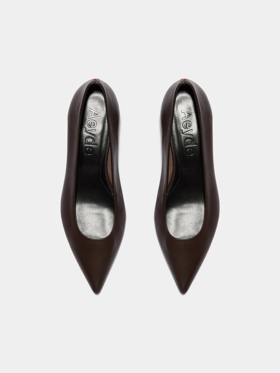 Aeyde | Cari Leather Pumps for Women | Moka Nappa | Pointed Toe | Mid Heel | Front View