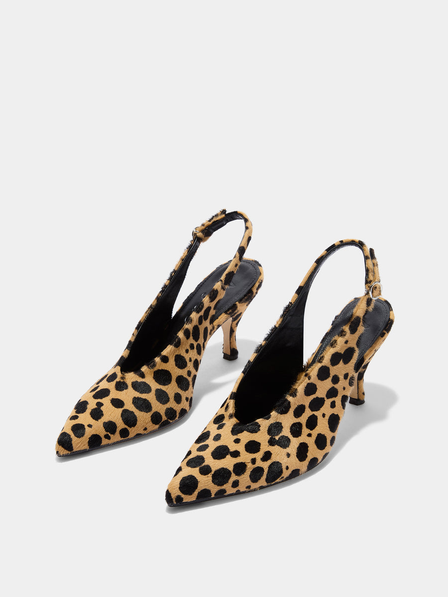 Aeyde | Carla Leather Pumps for Women | Beige/Black Ponyhair | Pointed Toe | High Heel | Luxury Materials | Handmade in Italy