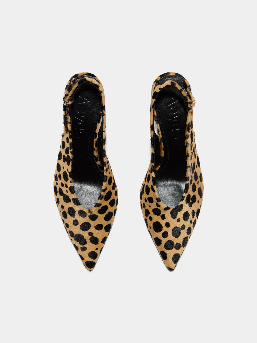 Aeyde | Carla Leather Pumps for Women | Beige/Black Ponyhair | Pointed Toe | High Heel | Front View