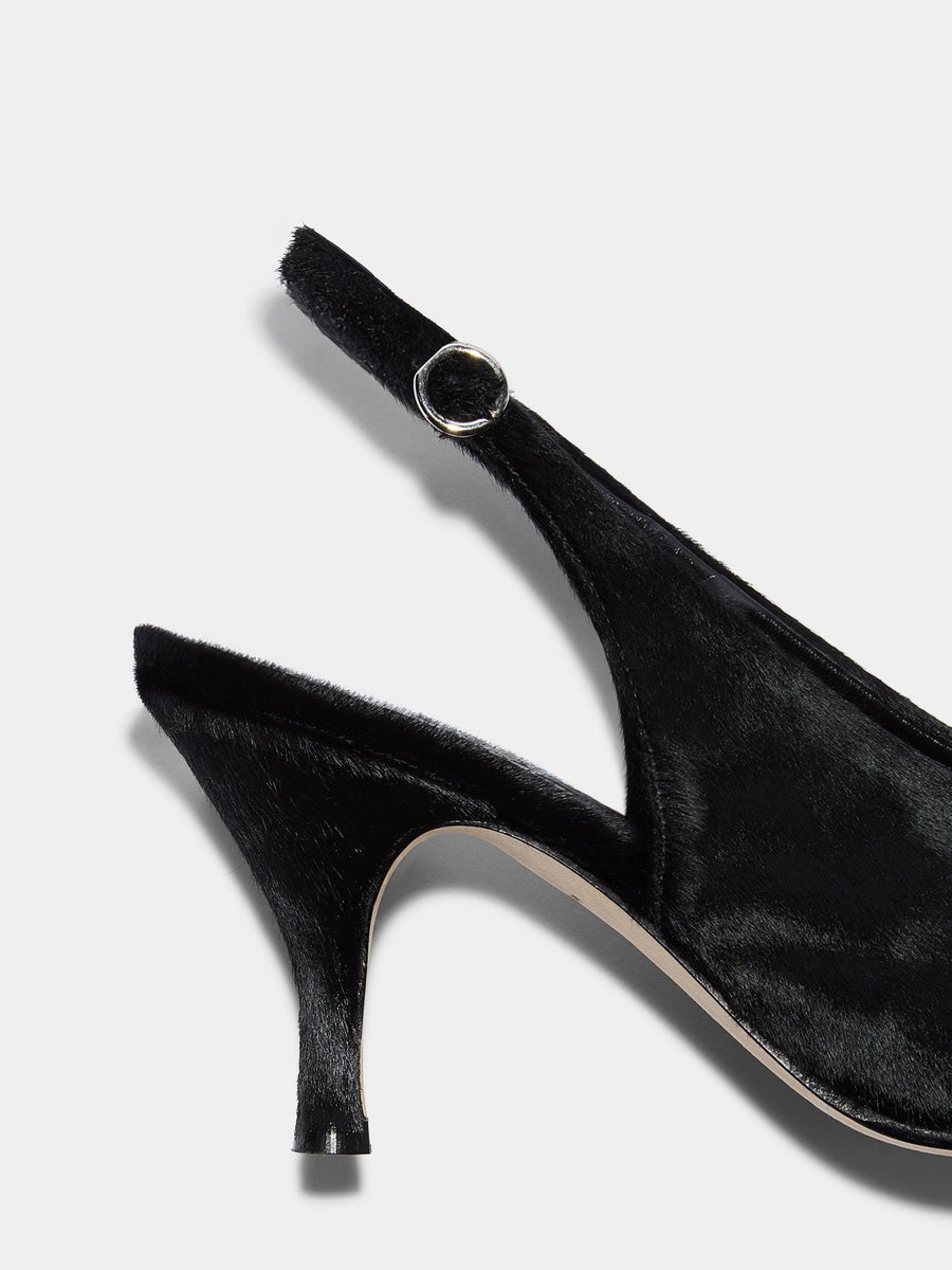 Aeyde | Carla Leather Pumps for Women | Black Ponyhair | Pointed Toe | High Heel | Heel Details