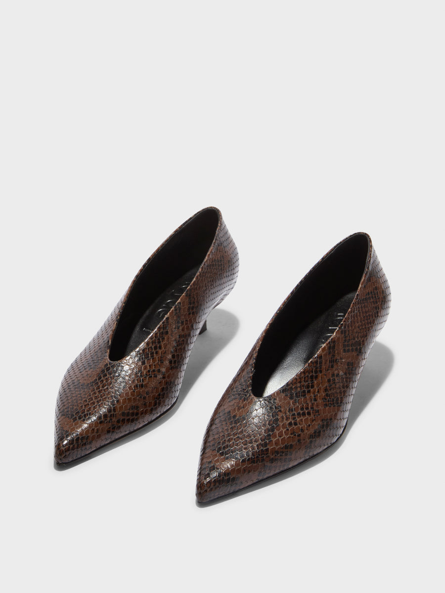 Aeyde | Clara Leather Pumps for Women | Moka Snake | Pointed Toe | Low Heel | Luxury Materials | Handmade in Italy [x=50,y=85]