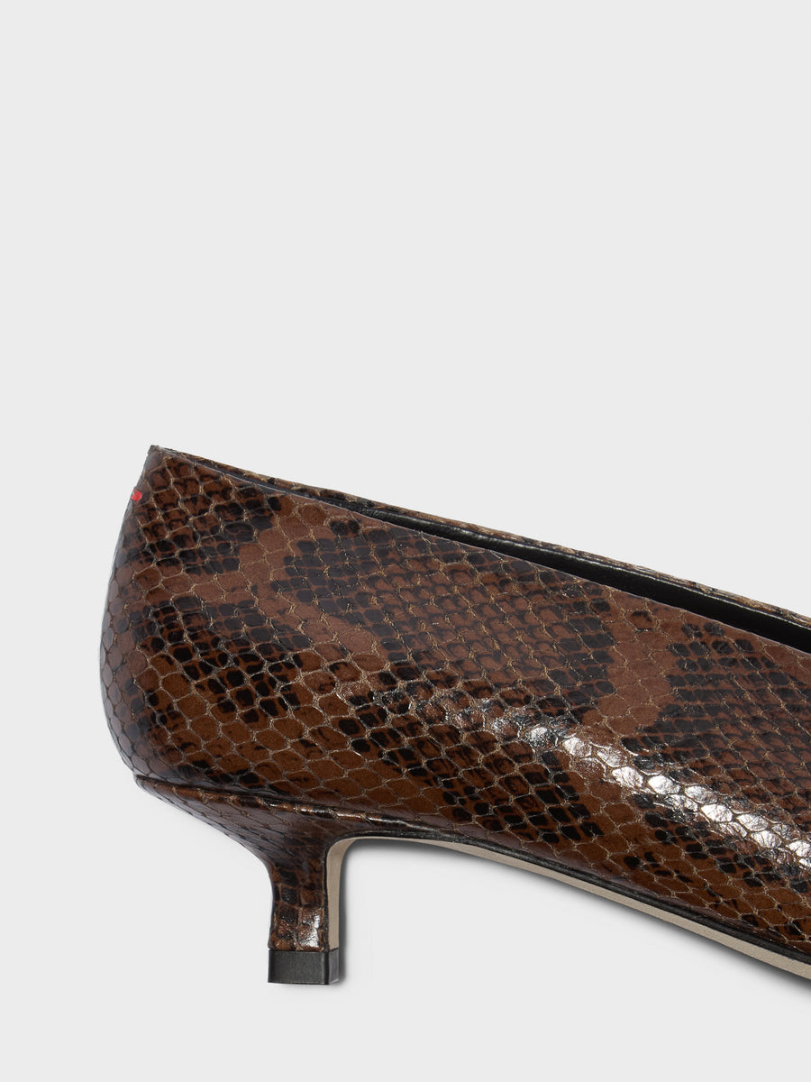 Aeyde | Clara Leather Pumps for Women | Moka Snake | Pointed Toe | Low Heel | Heel Details [x=50,y=85]