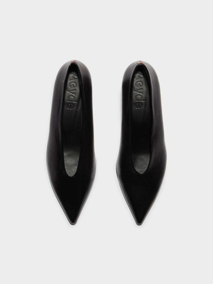 Aeyde | Clara Leather Pumps for Women | Black Nappa | Pointed Toe | Low Heel | Front View [x=50,y=85]