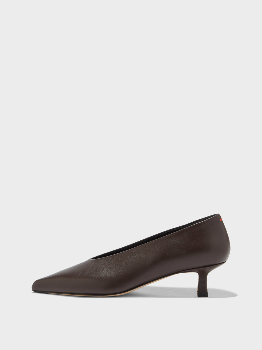 Aeyde | Clara Leather Pumps for Women | Moka Nappa | Pointed Toe | Low Heel | Side View [x=50,y=85]