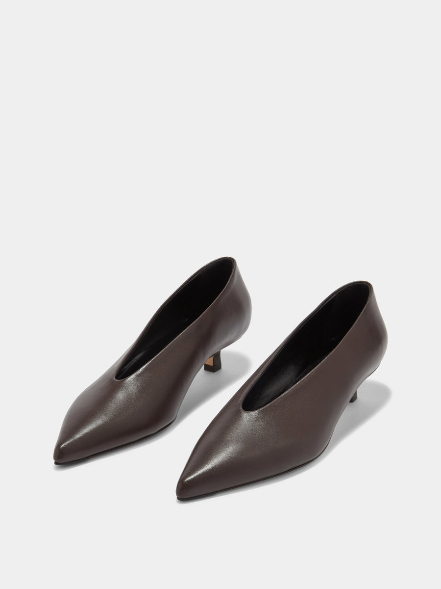Aeyde | Clara Leather Pumps for Women | Moka Nappa | Pointed Toe | Low Heel | On Feet [x=50,y=85]