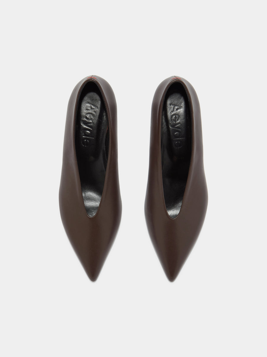 Aeyde | Clara Leather Pumps for Women | Moka Nappa | Pointed Toe | Low Heel | Front View [x=50,y=85]