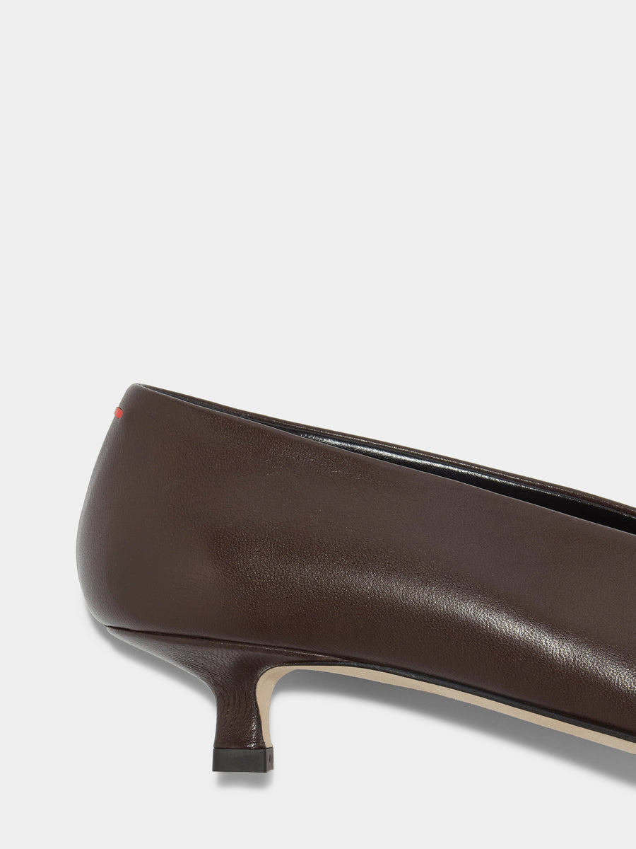 Aeyde | Clara Leather Pumps for Women | Moka Nappa | Pointed Toe | Low Heel | Heel Details [x=50,y=85]