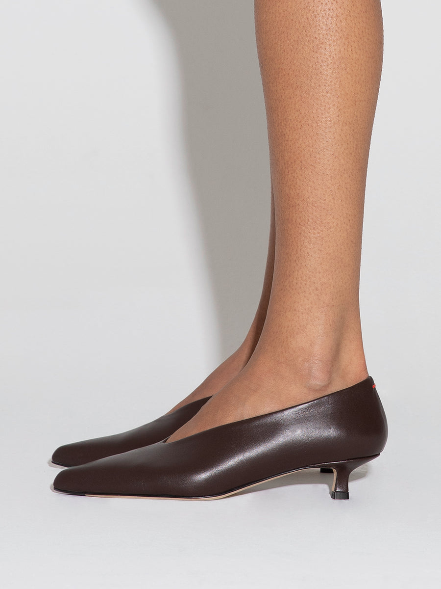 Aeyde | Clara Leather Pumps for Women | Moka Nappa | Pointed Toe | Low Heel | How to Style [x=50,y=85]