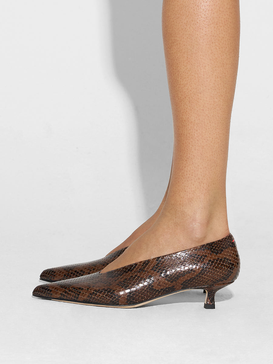 Aeyde | Clara Leather Pumps for Women | Moka Snake | Pointed Toe | Low Heel | How to Style [x=50,y=85]