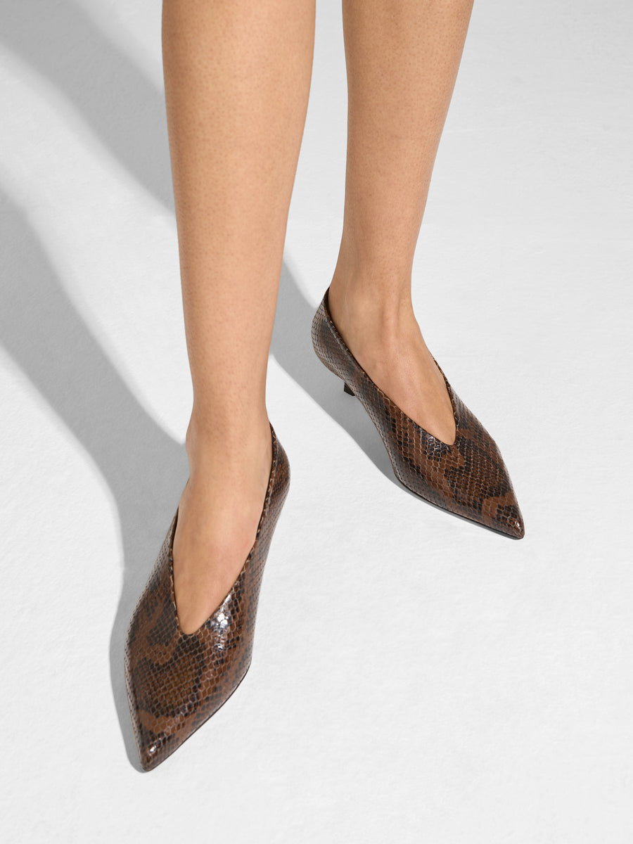 Aeyde | Clara Leather Pumps for Women | Moka Snake | Pointed Toe | Low Heel | On Feet [x=50,y=85]