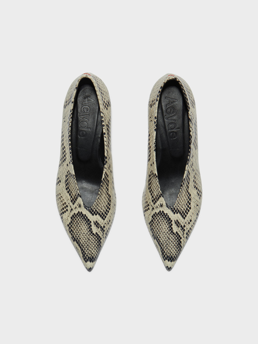 Aeyde | Clara Leather Pumps for Women | Creamy Snake | Pointed Toe | Low Heel | Luxury Materials | Handmade in Italy